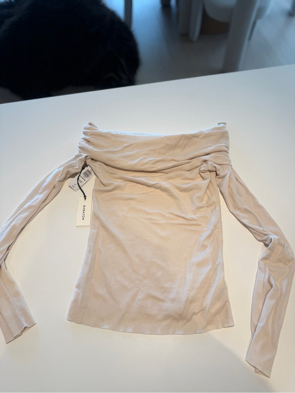 Aritzia Babaton Off-Shoulder Long Sleeve Top in Light Beige